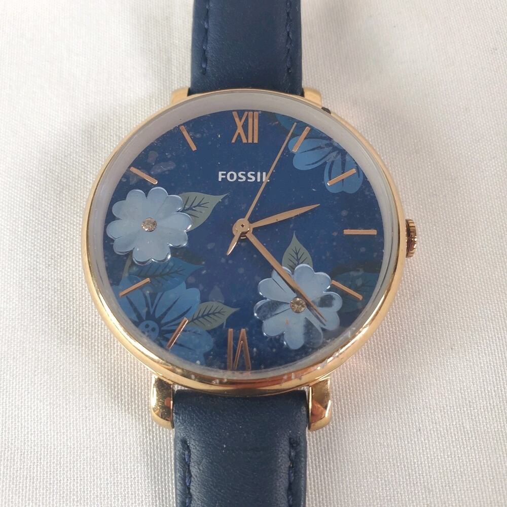 Fossil Jacqueline Blue Dial Floral Leather Adjustable Strap Watch ES4673 Women